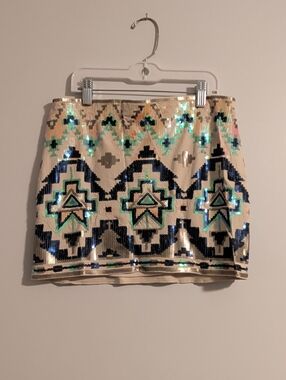 Express Sequin Aztec Mini Skirt - Cream, Black & Blue-Green
